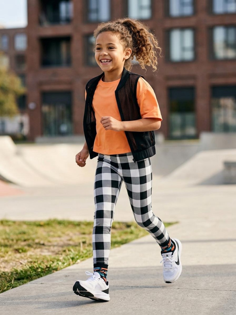 Girls Black & White Buffalo Plaid Stretch Leggings